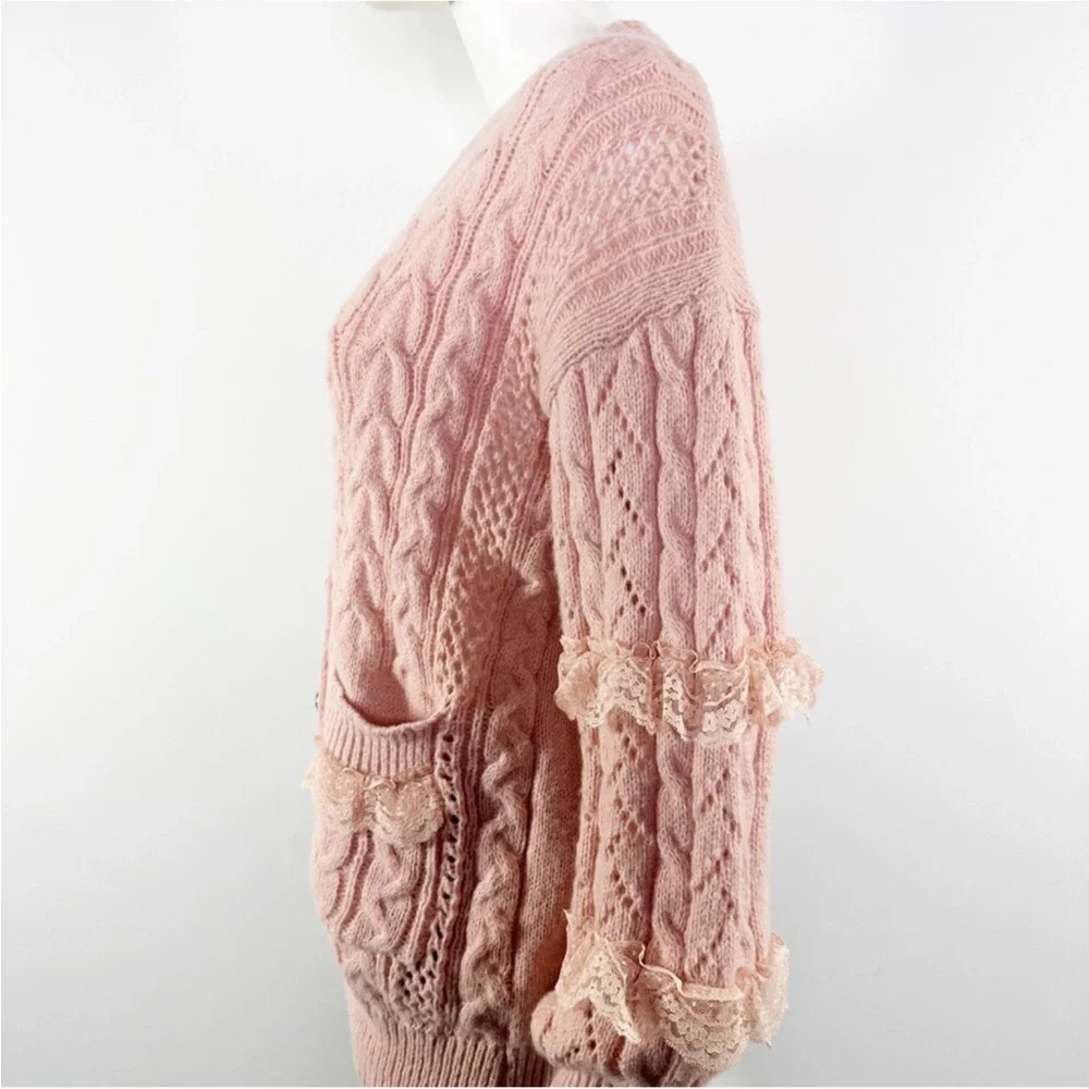 Romwe Kawaii Pink Cable Knit Lace Pearl Button Down Sweater Cardigan S - Picture 5 of 12